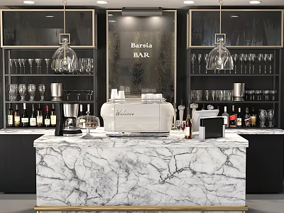 Modern Bar Interior With Marble Countertop Hanging Lights Wine Glasses And Coffee Machine 3d model
