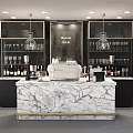 Modern Bar Interior With Marble Countertop Hanging Lights Wine Glasses And Coffee Machine