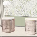 Elegant Round Rattan Stools With Green Plant Patterned Wallpaper Floor Lamp And Wooden Floor