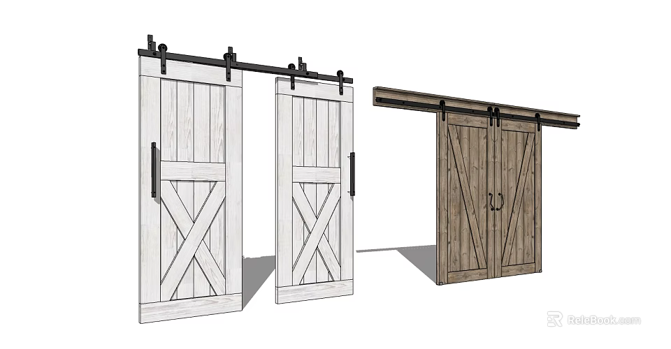 Wooden Barn Doors With White And Brown X Design Panels For Home Decor 3d model 
