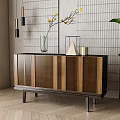 Modern Entryway Cabinet Sideboard With Wooden Panel Design Decorative Vase And Grid Wall Plant