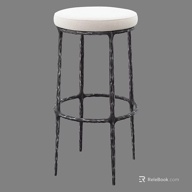 Modern Bar Stool With Textured Black Metal Frame And White Upholstered Seat 3d model 