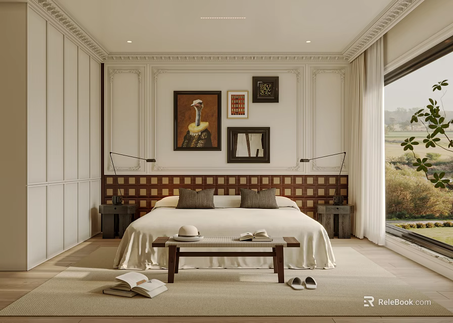 Elegant Bedroom Interior With Decorative Headboard Framed Paintings Large Window And Soft Area Rug 3d model 
