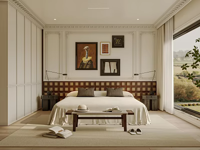 Elegant Bedroom Interior With Decorative Headboard Framed Paintings Large Window And Soft Area Rug 3d model