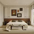 Elegant Bedroom Interior With Decorative Headboard Framed Paintings Large Window And Soft Area Rug