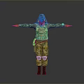 Man in camouflage uniform with hood tactical vest arms outstretched against neutral gray background