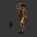 Fierce Beast Character Standing In Gold Silver Armor With Red Claws And Hammer