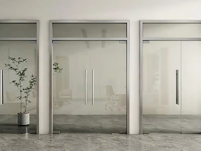 Modern Glass Double Doors Interior Space With Metal Handles Potted Plant And Gray Floor 3d model