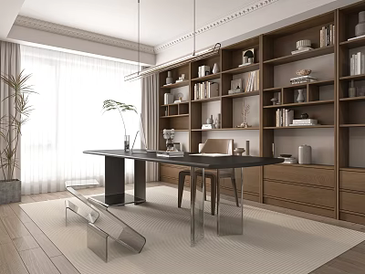 Modern Study Room Interior With Wooden Bookshelves Black Desk Chair Natural Light And Plants 3d model