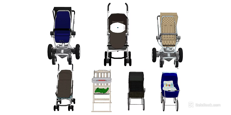 Various Baby Strollers In Different Colors With High Chair And Infant Seats 3d model 