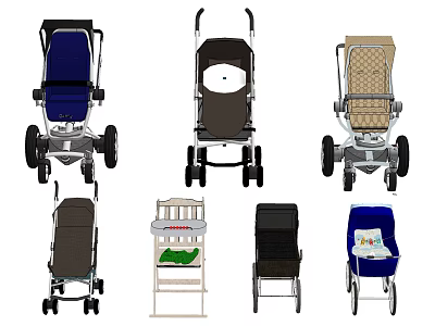 Various Baby Strollers In Different Colors With High Chair And Infant Seats 3d model