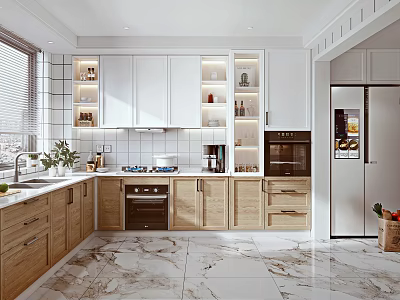 Modern Kitchen Interior With White And Wooden Cabinets Marble Flooring And Appliances 3d model