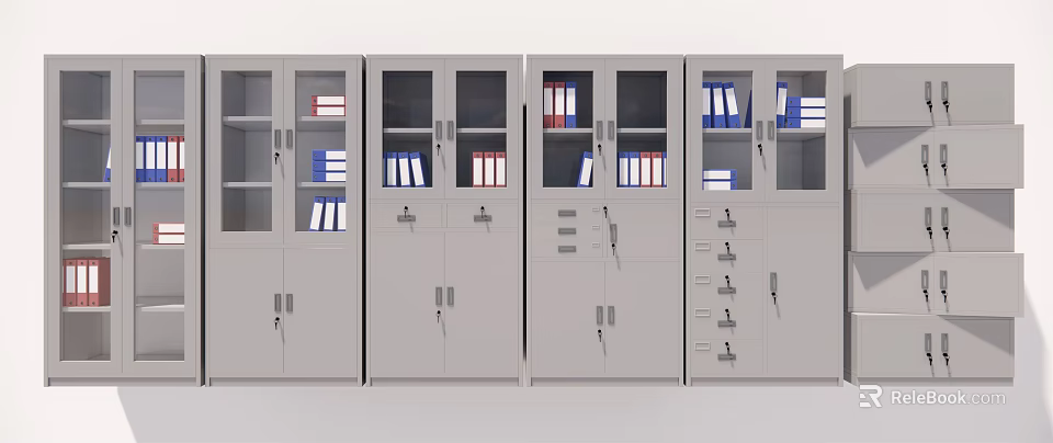 Gray Metal Bookcases With Glass Doors Storing Organized Folders And Books 3d model 