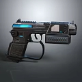Futuristic Sci Fi Gun with Blue Light Accents Black Body Modern Design and Tech Components
