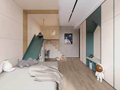 Kids Room Interior With Slide Loft Bed Green Cabinets Astronaut Toy And Stuffed Toys 3d model