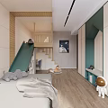Kids Room Interior With Slide Loft Bed Green Cabinets Astronaut Toy And Stuffed Toys