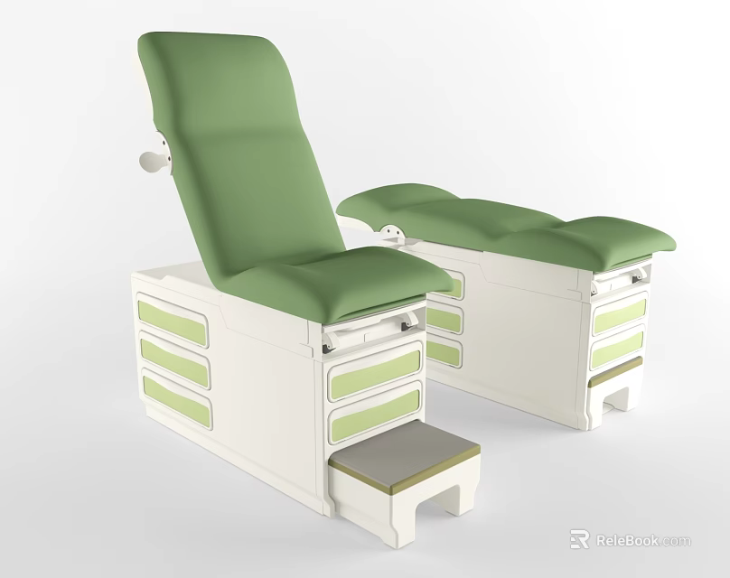 Green Cushioned Massage Bed With White Base Storage Drawers And Step Stool Design 3d model