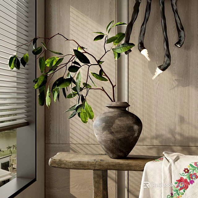 Bonsai Plant in Terracotta Pot with Green Leaves on Wooden Table Near Window 3d model 