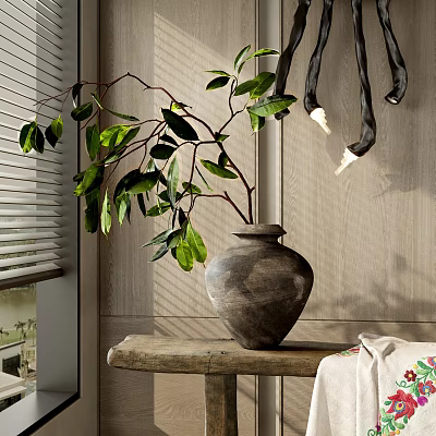 Bonsai Plant in Terracotta Pot with Green Leaves on Wooden Table Near Window 3d model