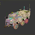 Armored Military Vehicle With Camouflage Exterior And Roof Mounted Communication Antennas