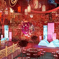 Chinese Style Banquet Hall With Red Decor Lanterns Flowers Chandeliers And Traditional Patterns
