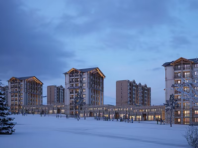 Snowy Winter Landscape With Illuminated High Rise Apartment Buildings Blue Sky Clouds And Trees 3d model