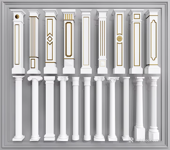 Classical Roman Columns With Various White And Gold Decorative Designs For Interior Decoration 3d model 