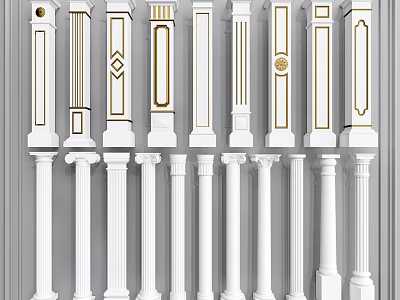 Classical Roman Columns With Various White And Gold Decorative Designs For Interior Decoration 3d model