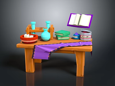 Wooden Table with Open Purple Book Green Books Blue Vase Red Bowl and Purple Cloth 3d model