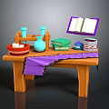Wooden Table with Open Purple Book Green Books Blue Vase Red Bowl and Purple Cloth