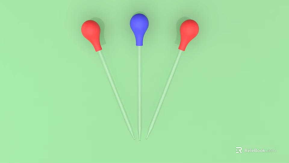 Three Red and Blue Droppers with Clear Tubes on Green Background 3d model 