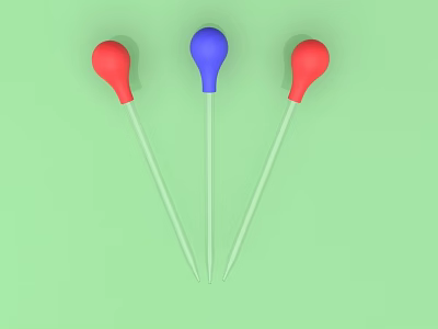 Three Red and Blue Droppers with Clear Tubes on Green Background 3d model