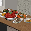 Assorted Plated Food with Crab Shrimp Meat Vegetables and Noodles on Dining Table