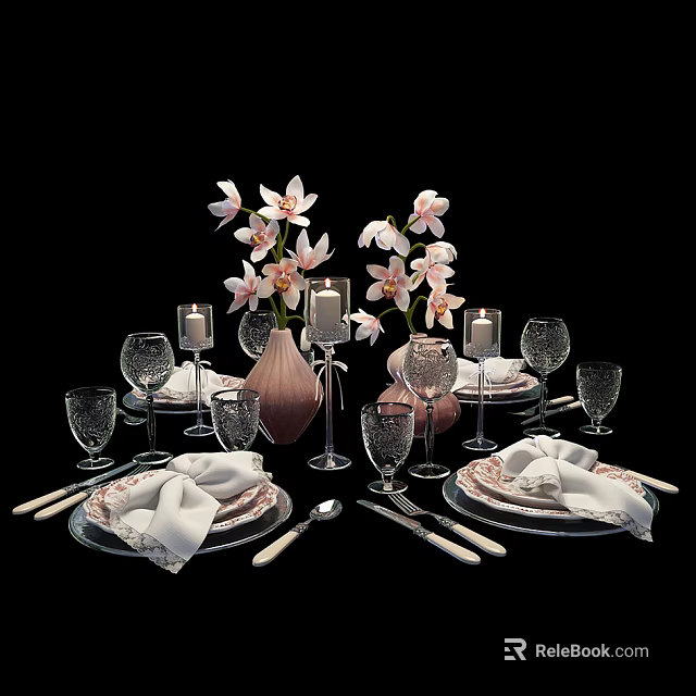 Stylish Dinnerware Set With Floral Centerpiece Candles Wine Glasses And Linen Napkins 3d model 