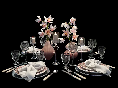 Stylish Dinnerware Set With Floral Centerpiece Candles Wine Glasses And Linen Napkins 3d model