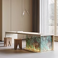 Modern Light Top Tea Table With Textured Green Brown Base Underlighting And Wooden Stools