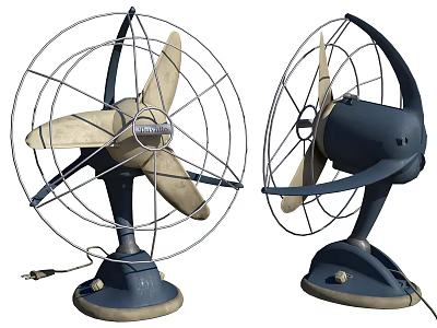 Two Vintage Air Conditioning Fans With Metal Mesh Covers And Classic Bases 3d model