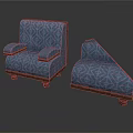 Blue Geometric Patterned Armchair And Ottoman With Wooden Arms And Legs