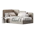 Modern Kids Bed With Upholstered Headboard Pastel Colors Striped Pillows And Soft Blanket