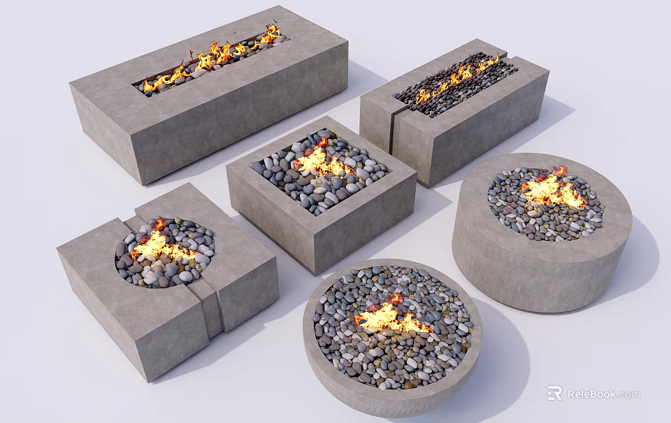 Stylish Gray Fire Pits with Square Rectangular and Round Shapes Featuring Burning Flames and Stones 3d model 