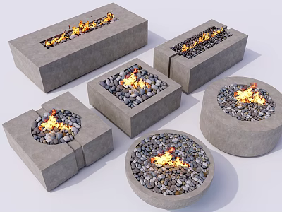 Stylish Gray Fire Pits with Square Rectangular and Round Shapes Featuring Burning Flames and Stones 3d model