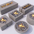 Stylish Gray Fire Pits with Square Rectangular and Round Shapes Featuring Burning Flames and Stones 3d model