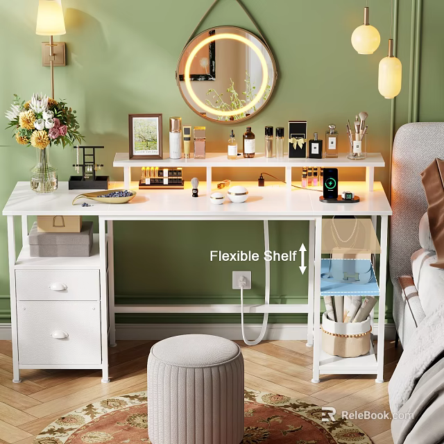 White Home Office Desk With Flexible Shelf Cosmetics Mirror Table Lamp And Flower Vase 3d model 