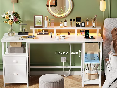 White Home Office Desk With Flexible Shelf Cosmetics Mirror Table Lamp And Flower Vase 3d model
