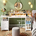 White Home Office Desk With Flexible Shelf Cosmetics Mirror Table Lamp And Flower Vase