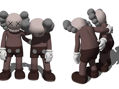 Kaws Style Plush Dolls With Brown Body White Gloves And Hugging Poses 3d model