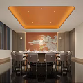 Modern Private Dining Room Interior With Orange Ceiling Red Wall Round Table And Marble Floor 3d model