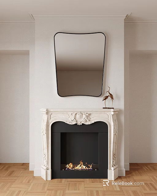 White Carved Fireplace Mantel With Decorative Mirror And Bronze Crane Decor 3d model 