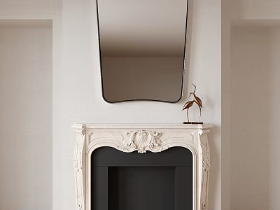 White Carved Fireplace Mantel With Decorative Mirror And Bronze Crane Decor 3d model