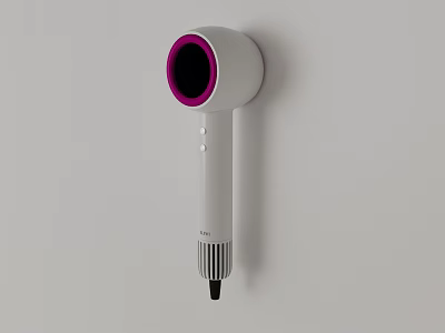 White Hair Dryer With Purple Ring Hanging On Gray Wall 3d model